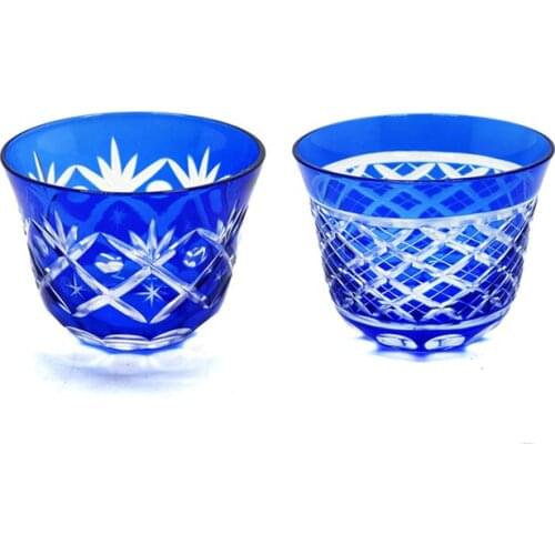 Bohemian Glass Cobalt Blue Cut to Clear glass Vintage glass bowl Japanese style edo kiroko cold tea bowl galss tea cup