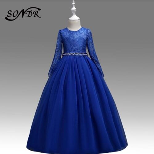 Long Sleeve Kids Pageant Dresses HT236 O-Neck Lace Flower Girl Dress Patchwork Zipper Girls Elegant Princess Ball Gowns
