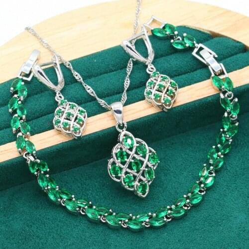 Classic 925 Silver Jewelry Sets For Women Wedding Green Zircon Bridal Bracelet Earrings Necklace Pendant Moms Gift 3PCS