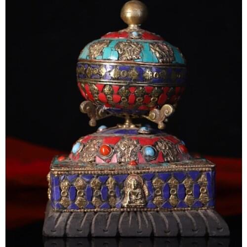 Tibetan Monastery Collection Bronze hand tapped, chiseled, inlaid with gemstones and engraved on the base of the old bodhi root