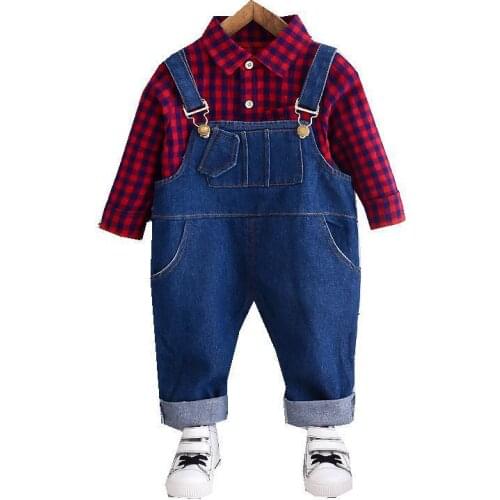 New Spring Autumn Baby Clothes Suit Children Boys Plaid Cotton Shirt Overalls 2Pcs/Sets Toddler Casual Clothing Kids Tracksuits