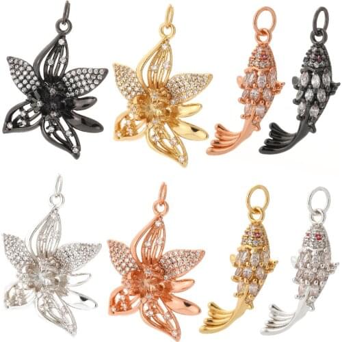 Cute Flower Fish Jewelry Charms for Earrings Necklace Bracelet Making Cubic Zircon Animal Plant Designer Pendant Dangle Charms
