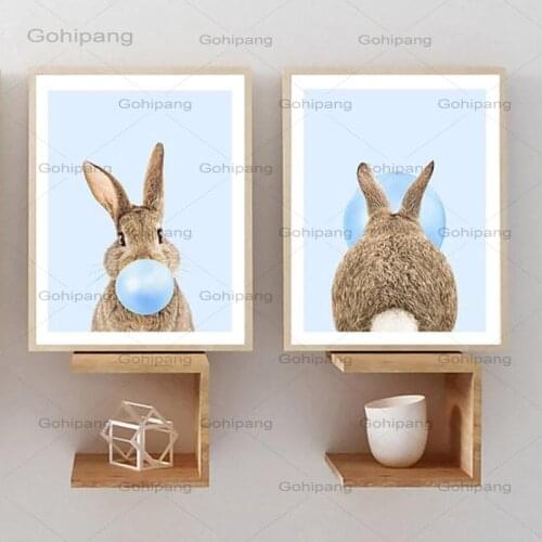 Cute Rabbit Canvas Paintings Bubble Gum Art Poster Prints Blue Nursery Wall Art Wall Picture Baby Animals Boys Bedroom Decor
