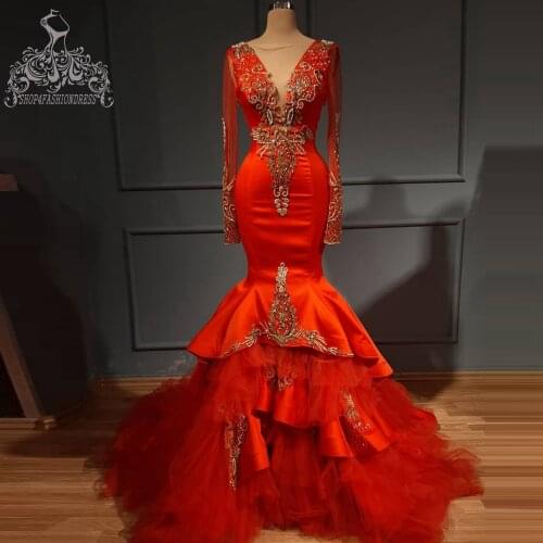 Trendy Coral Red Satin Mermaid Evening Dresses Exquisite Gold Beaded Rhinestones Evening Gowns V-neck Long Sleeves Pageant Dress