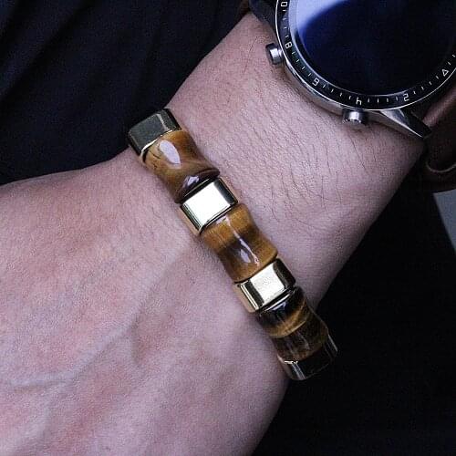 Fashion trend leather bracelet natural long three-grain tiger eye stone mens bracelet round buckle mens jewelry