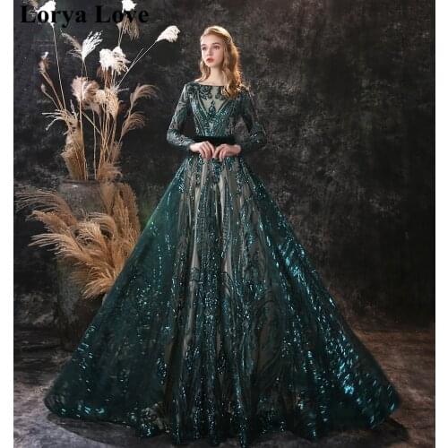 Muslim Prom Dresses 2020 Green Mermaid Sequin Evening Gowns Women Formal Robe De Soiree Long Sleeves Saudi Arabia Evening Dress