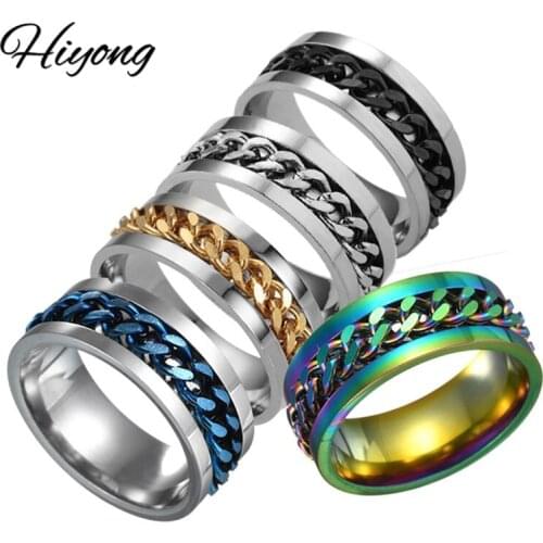 Hiyong Cool Stainless Steel Rotatable Men Ring High Quality Texture Spinner Chain Rotates Ring Punk Women Jewelry For Party Gift