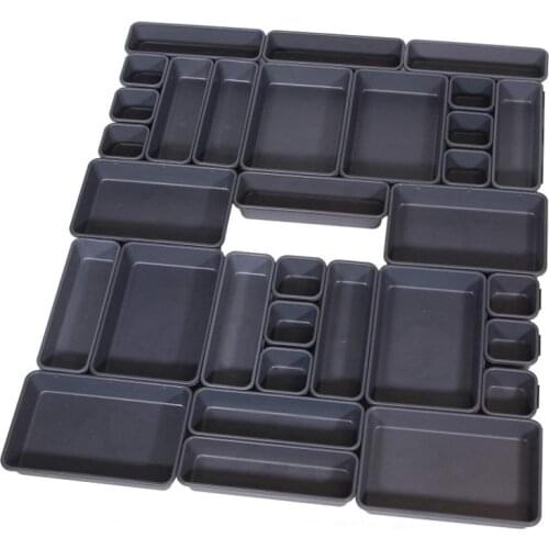 Set of 32 Desk Drawer Organizer Trays with 3-Size Black Plastic Storage Boxes Divider Make-Up Organiser for Office