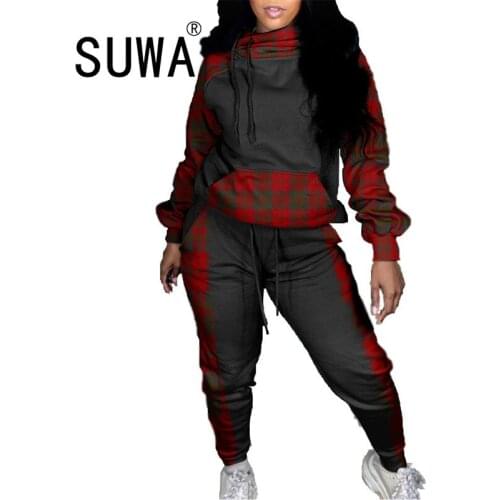 2020 Fall Winter Women Plaid Printed Hoodies Sweatshirt Top Joogers Baggy Pants Casual 2 Piece Outfits Lounge Wear Set