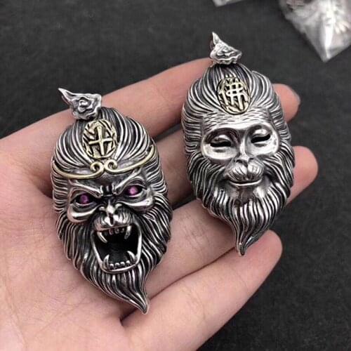 Real 925 Sterling Silver Pendant Thai Silver Retro Personality Domineering Battle Wins Buddha Sun Wukong mens Pendant Jewelry