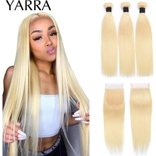 613# Blonde Straight Bundles with Closure Brazilian Hair Straight with 4x4 Lace Closure Human Hair Bundles with Closure Yarra