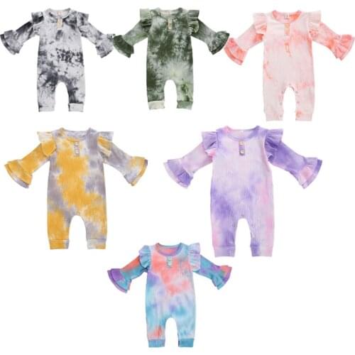 0-24M Newborn Baby Girls Tie-dye One Piece Jumpsuit Flare Sleeve Romper Overalls