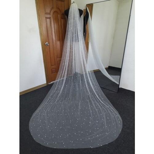 Real Photos White Ivory Long Pearl Veil One Layer Bridal Veil Cathedral 3 Meters Wedding Veil with Pearls Wedding Accessories