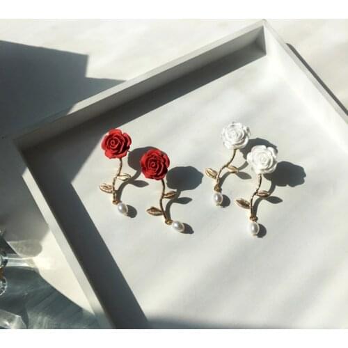 1 Pair Flower Series Ear Post Stud Earrings For Women Daily Jewelry Red White Rose Flower Style Party Accessories
