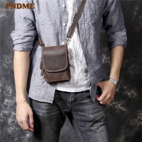 PNDME high quality simple crazy horse cowhide mens messenger bags casual vintage mini genuine leather small phone shoulder bag