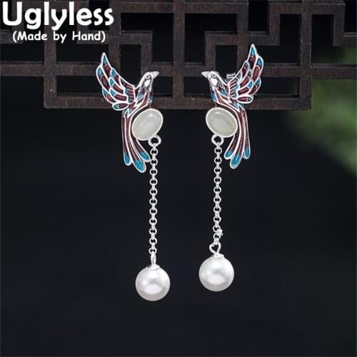 Uglyless Flying Birds Earrings Women Ethnic Enamel Birds Animals Jewelry Natural Pearls Tassels Earrings 925 Silver Jade Brincos