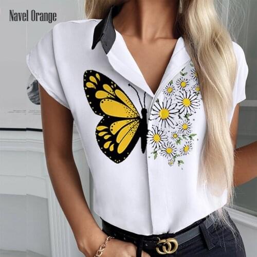 2021 New Summer Women Patchwork Butterfly Printing Top Blouse V-Neck Short Sleeve Pullover Shirt Elegant Streetwear Dropshipping