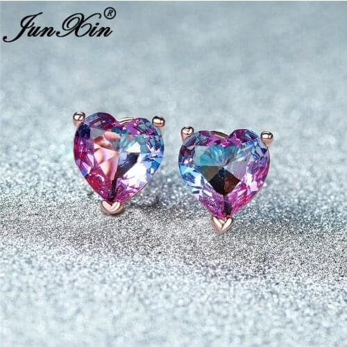 Girl Gradient Rainbow Fire Crystal Love Heart Stud Earrings For Women White Gold Rose Gold Red Blue Zircon Small Wedding Earring