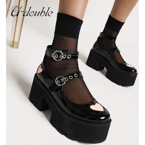U-DOUBLE Brand Big Size 43 New Womens Platform Shoes Cute Heart Thick High Heel Lolita Shoes Round Toe Fashion Punk Shoes Woman