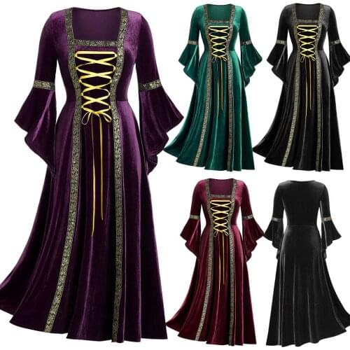 Womens Gothic Punk Style Long Sleeve Bandage Gold Velvet Dress Robe