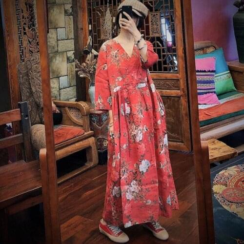 Johnature Vintage Ramie Print Dress 2021 Autumn A-line Three Quarter Sleeve V-Neck Loose Casual Women Sashes Linen Dress