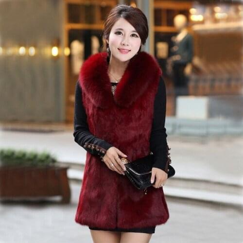 2016 winter fox fur collar rabbit fur vest womens waistcoat medium long slim outerwear coats new fashion female warm clothing