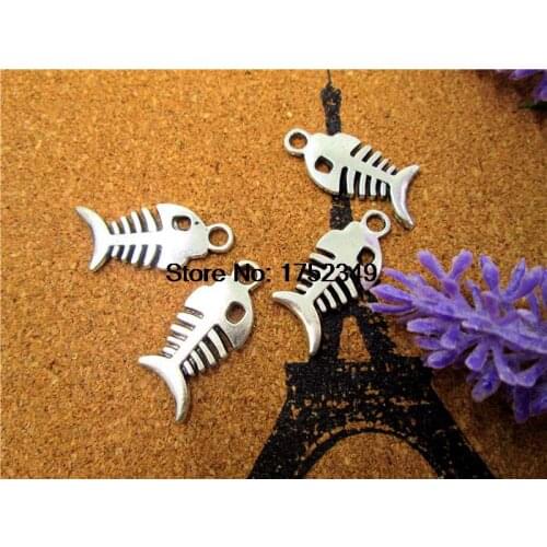75pcs--Fish Bones Charms,AntiqueTibetan silver Lovely Fish Bone Charm Pendant 2 Sided 28x12mm