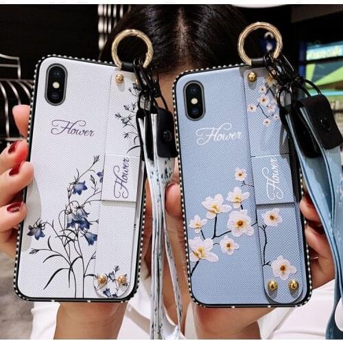 For Apple iphone X XS Max XR Case Fashion Flowers With wristband diamond Protective Back Cover Case for iphone 6 6S 7 8 plus