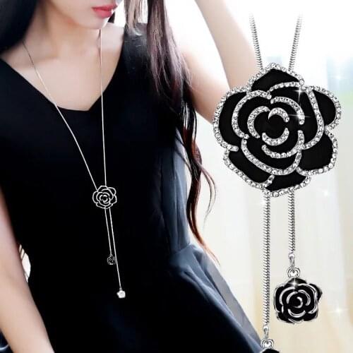 LWMMD Zircon Black Rose Flower Long Necklace Sweater Chain Fashion Metal Chain Crystal Pendant Necklaces Adjusted