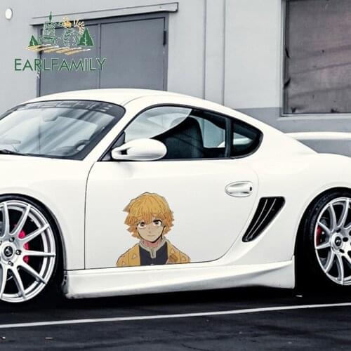 EARLFAMILY 43cm x 42cm For Demon Slayer Zenitsu Peeker Car Assessoires Stickers Personality Waterproof Decal Occlusion Scratch