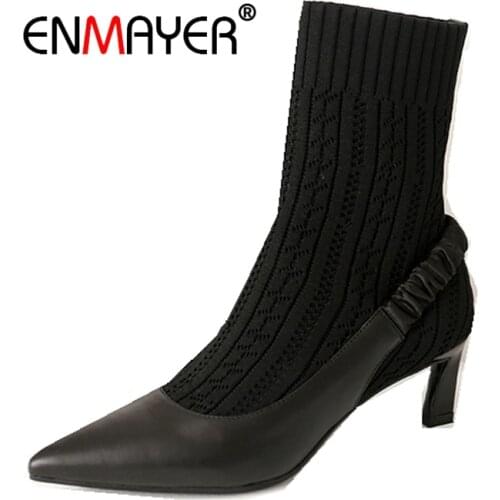 ENMAYER Women Ankle Boots Fashion Boots Winter Solid Pointed Toe Shoes women Size 34-39 Winter Causal Zipper Thin heels CR1749