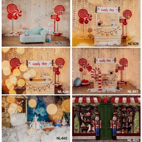 Merry Christmas Candy Shop Lights Donuts Candy Sweet Trees and Gifts for Baby Kids Background Photography Backdrops for Decor