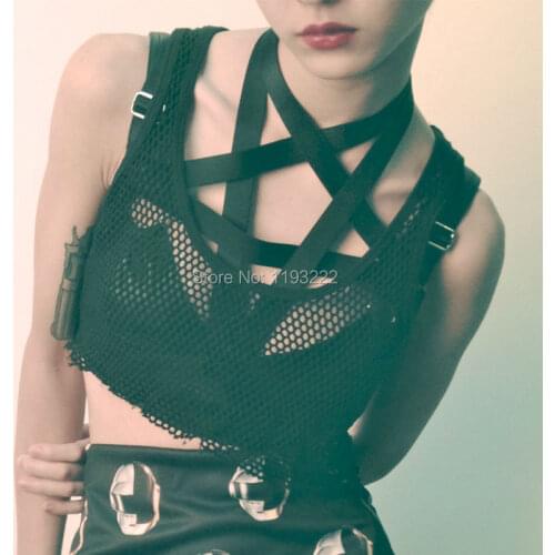 Harajuku Punk Gothic Elastic Handmade Satan Pentagram Nylon Halter Harness Star Pentacle Bra Chest Belt Straps