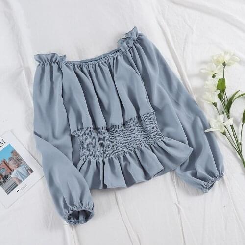 HISUMA Autumn Women Slash Neck Lantern Sleeve Ruffles Shirt Sexy Lady Short Elastic Slim Waist Chiffon Pullover Chic Blouse Tops