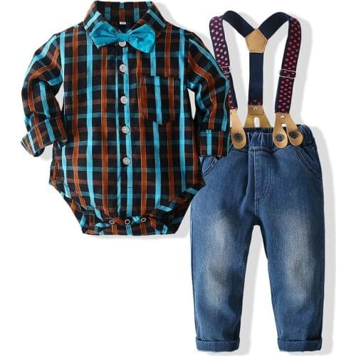 Kimocat Baby Boy Clothes Autumn Suit Plaid Long-Sleeved Jumpsuit + Bow Tie + Suspenders Trousers Kids Gentleman Clothes 0-3Y