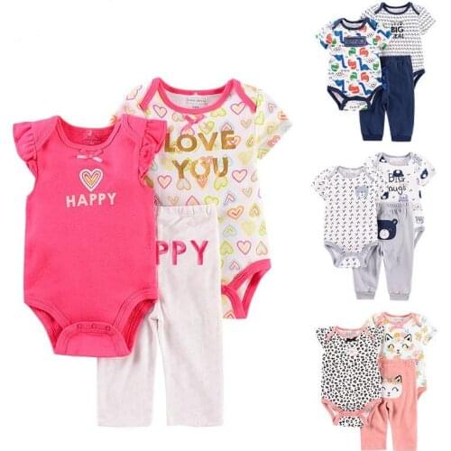 3pcs /set Baby Boy Girl Clothes Set Outfit Infant Short Sleeve Bodysuits Pants Cute Cartoon Newborn Summer Clothes 0-12months