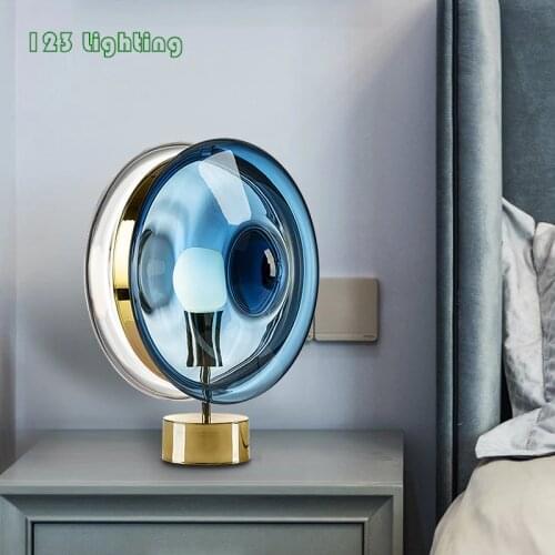Round Transparent Blue Glass LED Desk Lamp Bedside Foyer Hotel Room Table Lights E27 110-240V Nordic Art Design Decoration