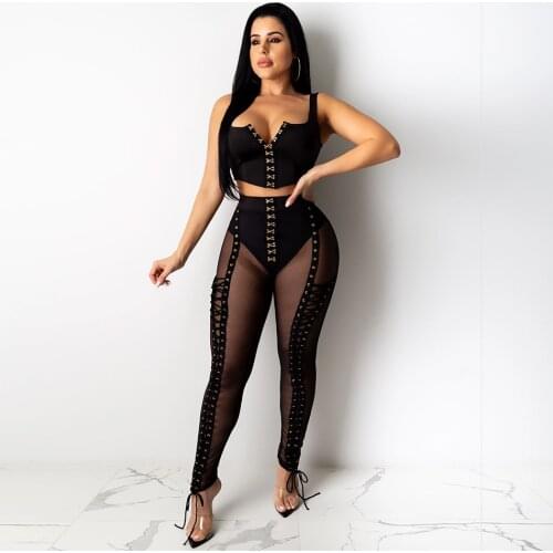 Handmade Lace Up Pants Sexy Black White See Through Mesh Flex Game Strong Leggings with Gold Eyelets in Front Fashion Clubwear