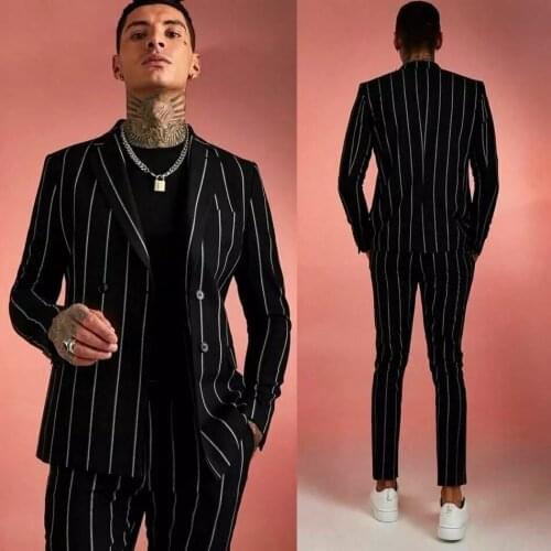 Latest Black Wide Stripe Men Suits Costume Homme Groom Wear Tuxedos Wedding Terno Masculino Slim Fit 2 Pcs Blazer (Jacket+Pants)