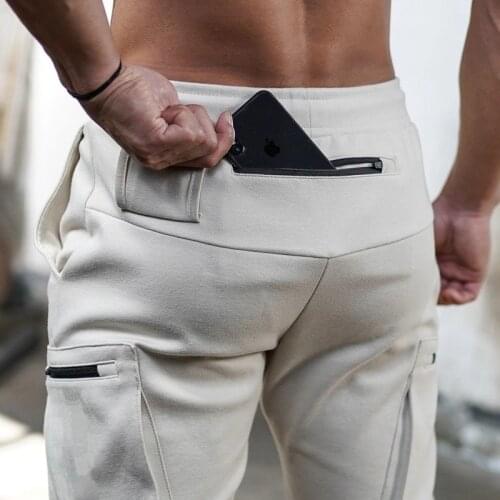 Mens Sweatpants Gyms Workout Fitness Trousers Men Zip Pocket Cargo Pants