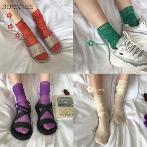 Socks Women Sexy Transparent High Elastic Mesh New Harajuku Solid Fashion Leisure Thin Summer Middle Tube Candy Colors All-match