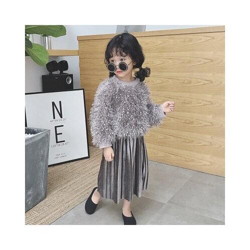 New Girls Sets Baby Kids Fleece Thicken Coat & Pleated Skirt Suit Sparkle Top + Mid-calf Skirt 2019 Spring Fall Children Clothes