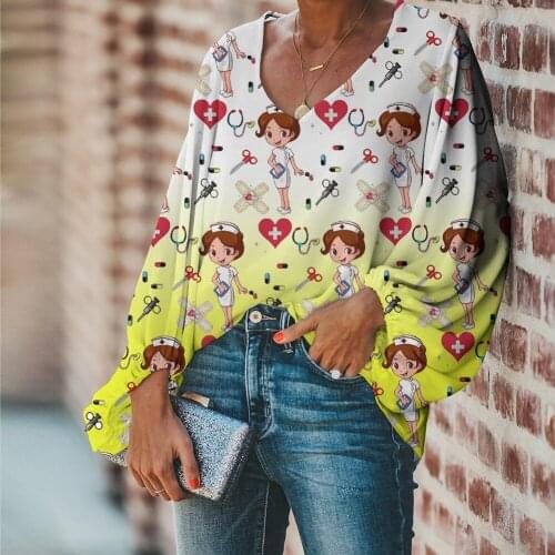 New Harajuku Shirts Women Nurse Doctor Print Blouse 2021 Casual Loose Long Sleeve Nursing Clothes Droshipping chemisier femme