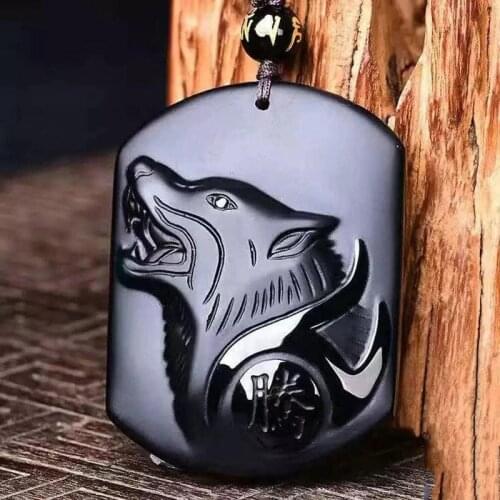 Obsidian Wolf Head Pendant Necklace Crystal Carving Black Pearl Lucky Men Jewelry