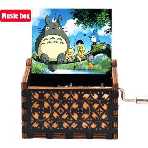 Wholesale Carved Wood Hand Crank Totoro You are My Sunshine Music Box Jurassic Park Home Decoration Birthday Gift