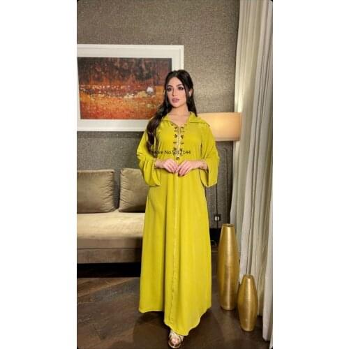 2021 Summer Elegent Muslim Women V-neck Long Sleeve Dresses Muslim Fashion Dress Muslim Women Long Abaya