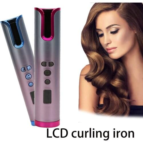 Cordless Automatic Hair Curler USB Rechargeable Curling Iron Curls Waves LCD Display Ceramic Curly Rotating Curling Wave Styer