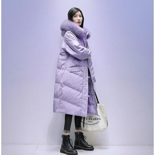 Purple Down Jackets Women Mid-Length Thick Loose White Duck Down Long Female Coat Fashion Solid Straight Hooded Winter Jackets