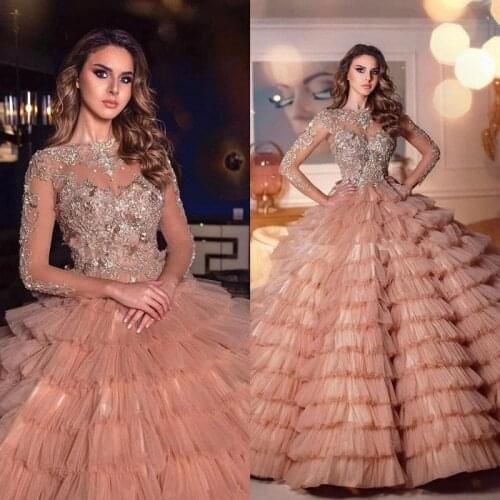 Blush champagne Quinceanera Dresses Floor Length Lace Crystal Beaded Princess prom Gowns Girls Sweet 16 Party Dress