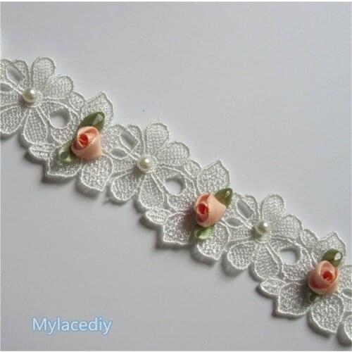 Width 3.8cm White Pearl Flower Lace Edge Trim Ribbon Embroidered Applique Sewing Craft Crochet Wedding Dress Clothes